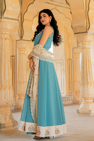 Aqua Ivory Blue Elegance Hand Embroidered Anarkali Set