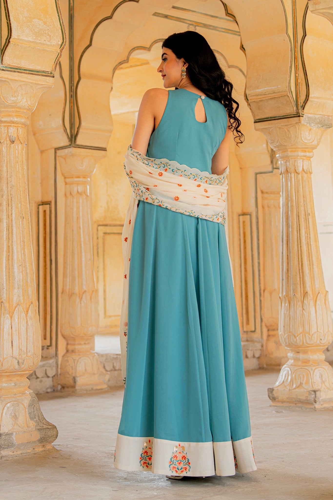 Aqua Ivory Blue Elegance Hand Embroidered Anarkali Set