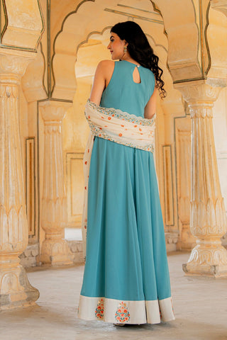 Aqua Ivory Blue Elegance Hand Embroidered Anarkali Set