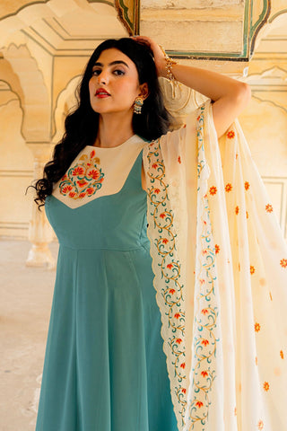 Aqua Ivory Blue Elegance Hand Embroidered Anarkali Set