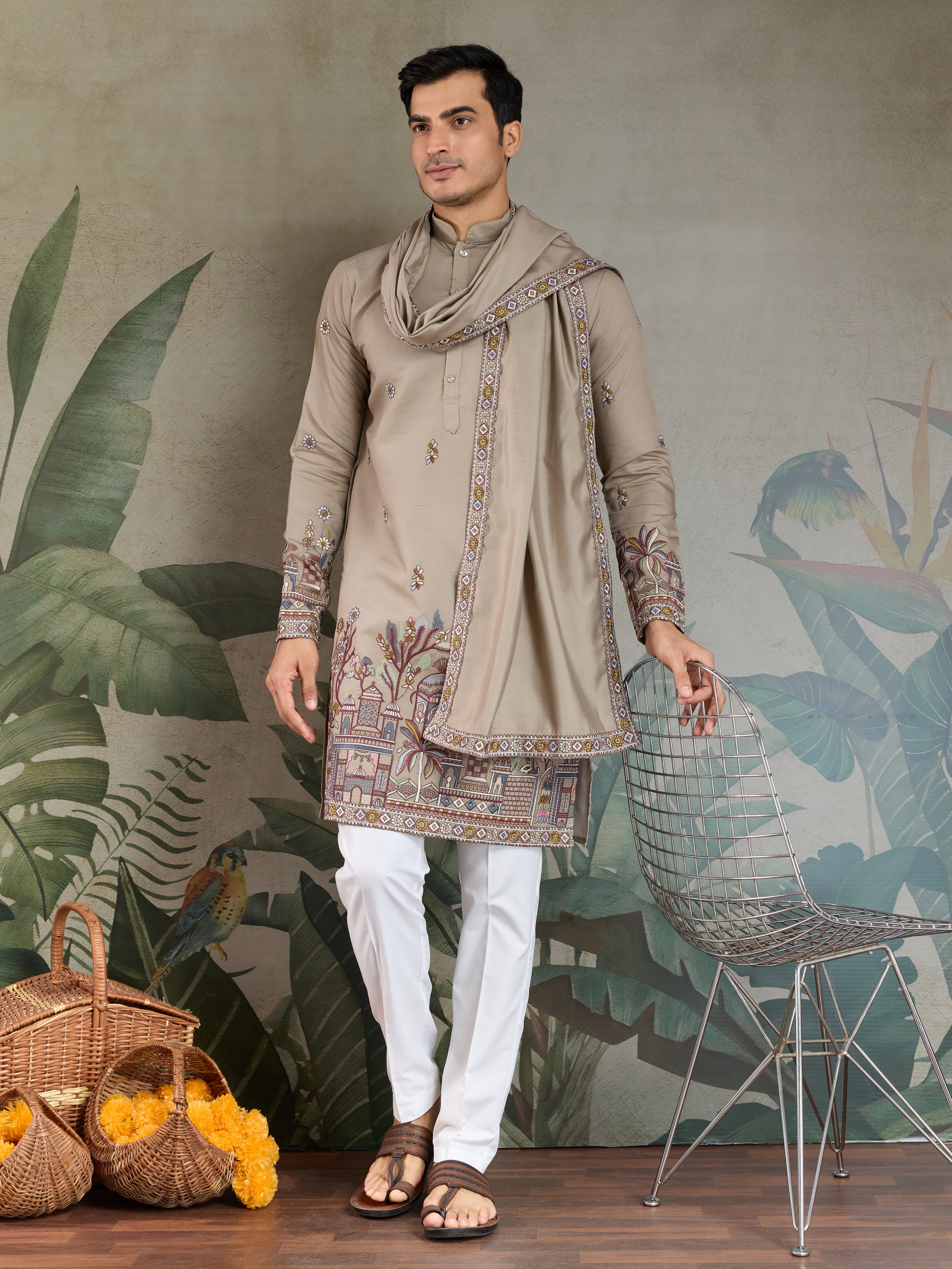 Premium Ivory Color Embroidered Kurta with Pajama Set for Men