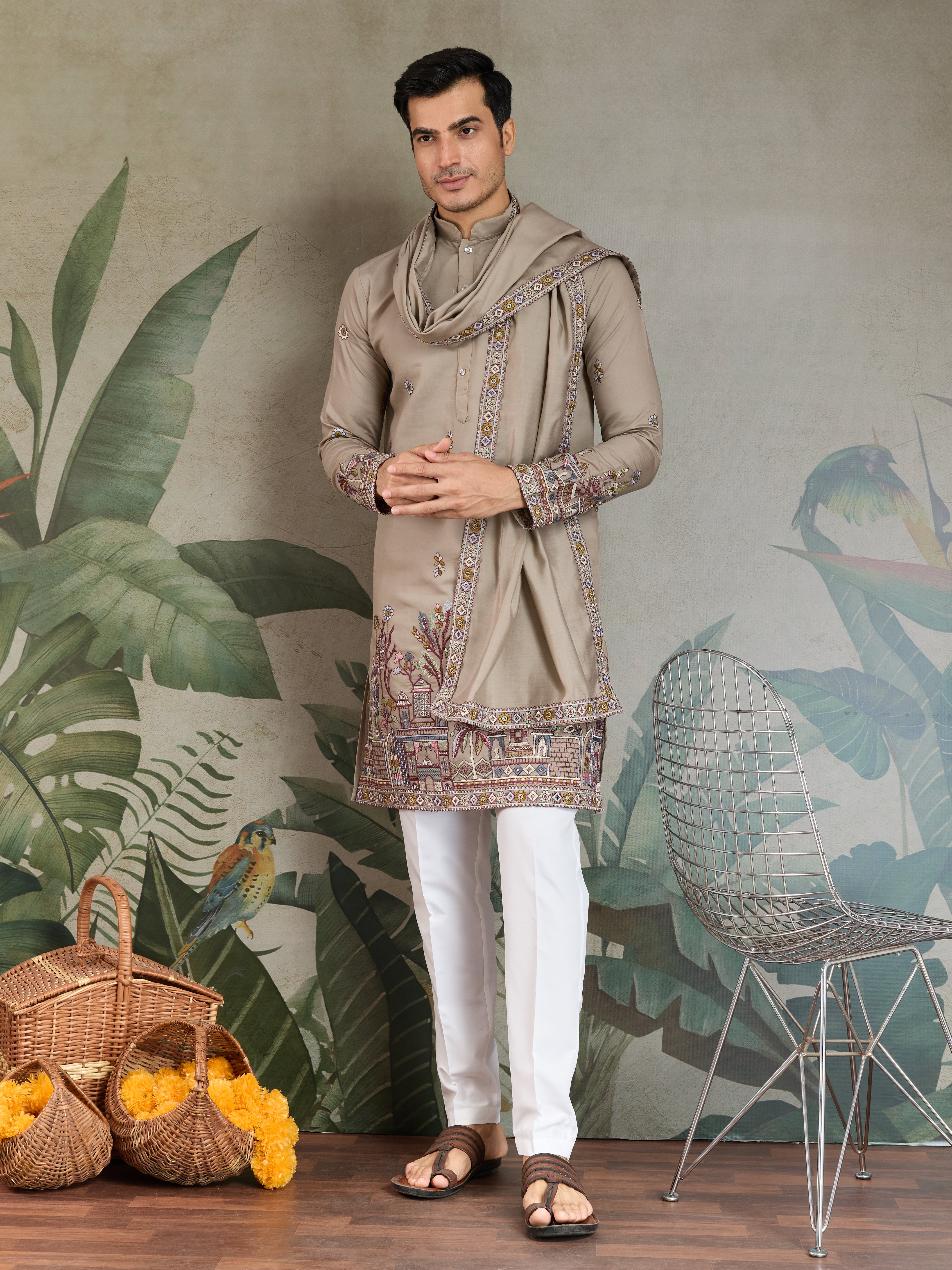 Premium Ivory Color Embroidered Kurta with Pajama Set for Men