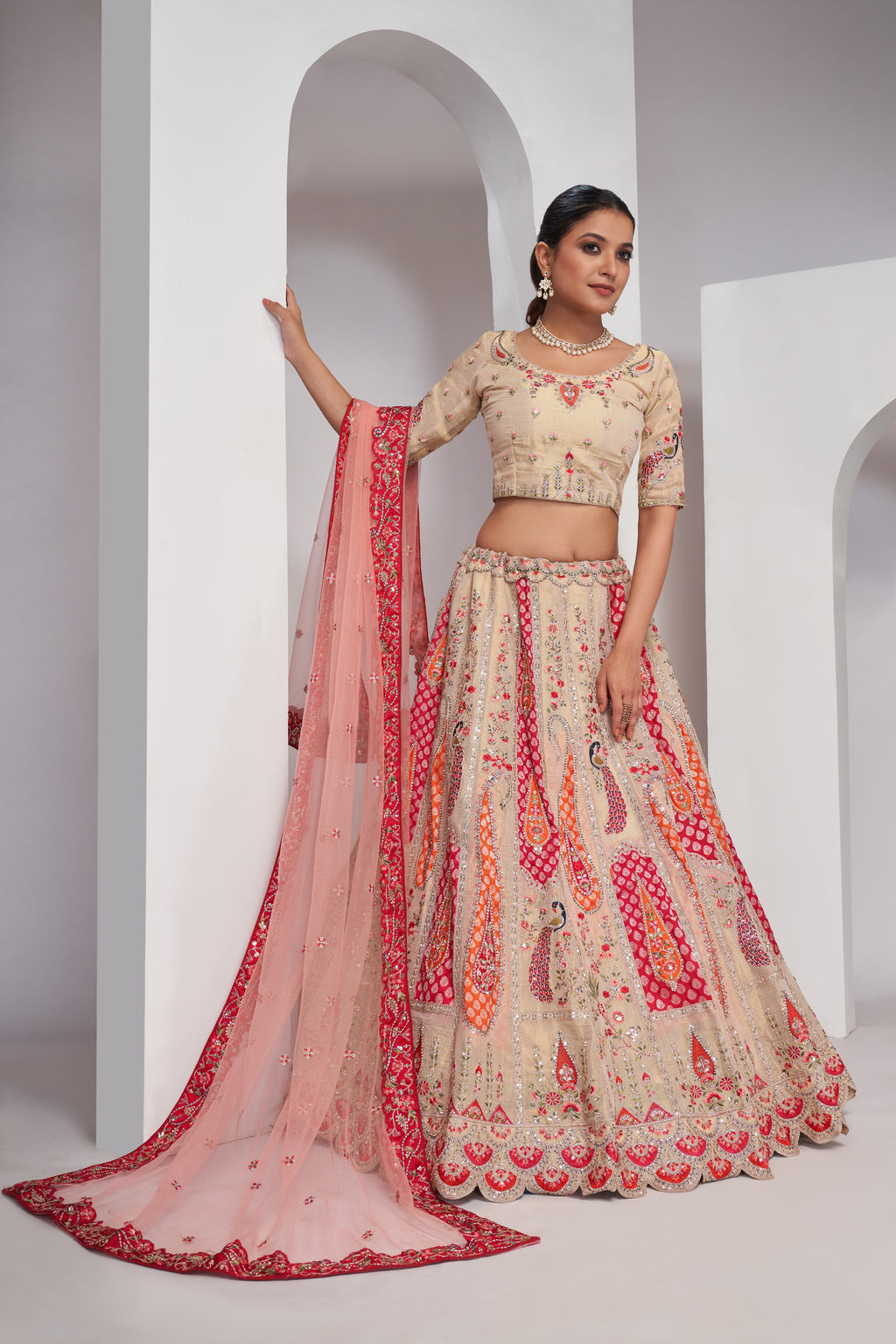 Ivory Color Peacock Designer Banarasi Silk Lehenga Choli Set
