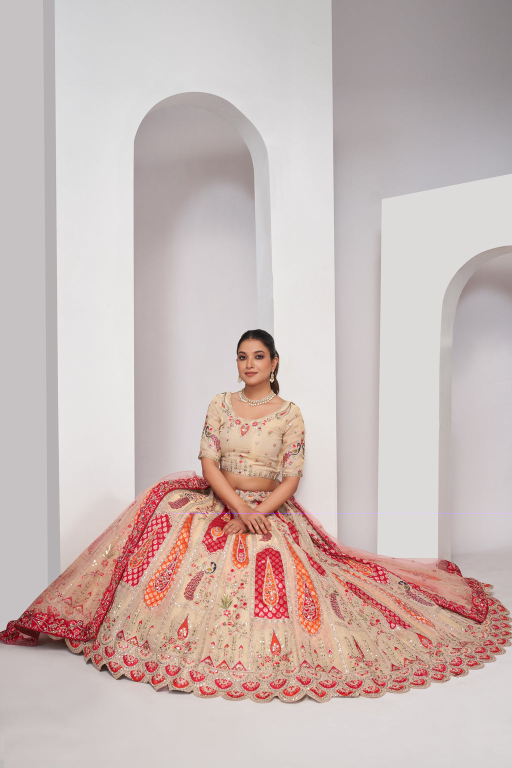 Ivory Color Peacock Designer Banarasi Silk Lehenga Choli Set
