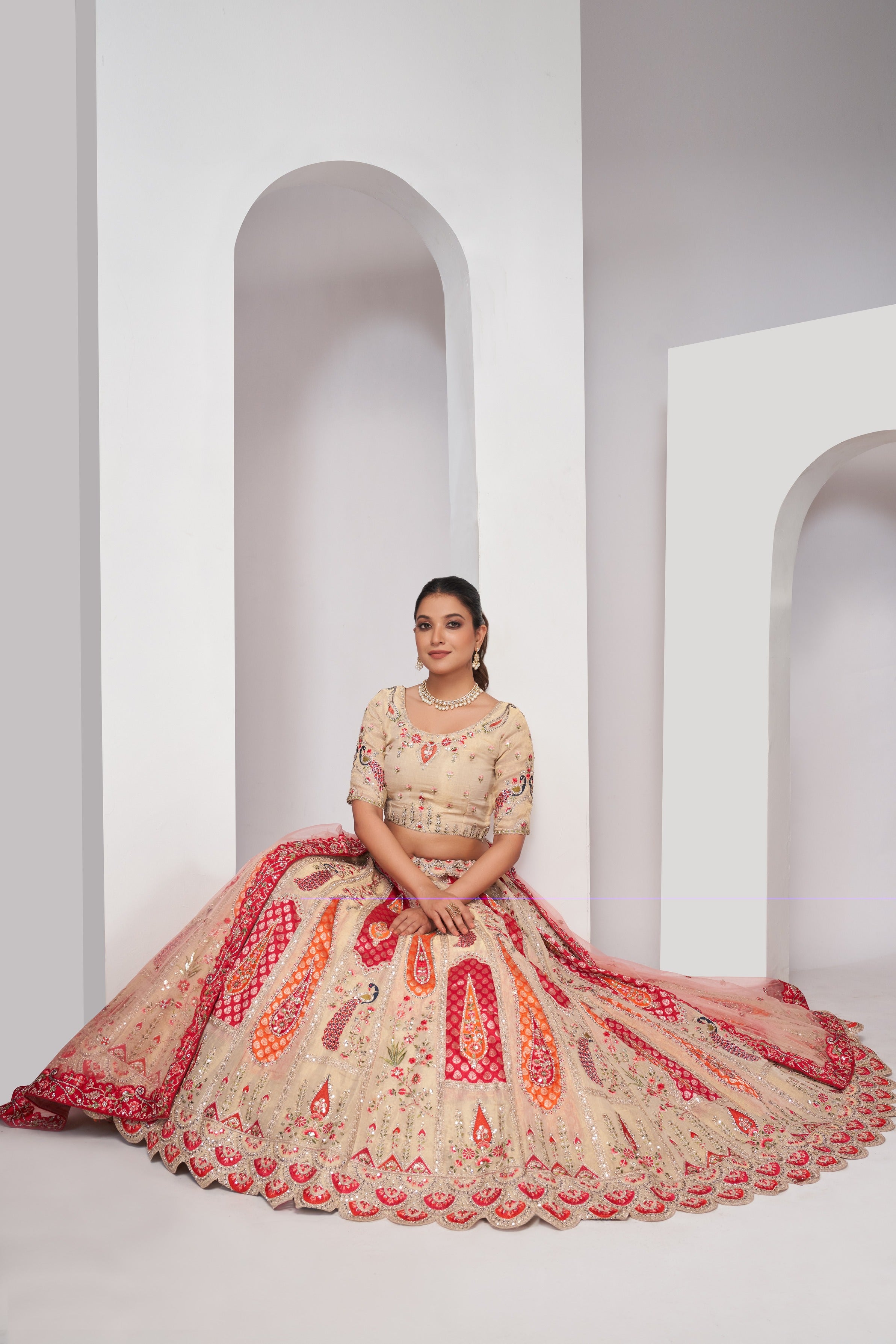 Ivory Color Peacock Designer Banarasi Silk Lehenga Choli Set
