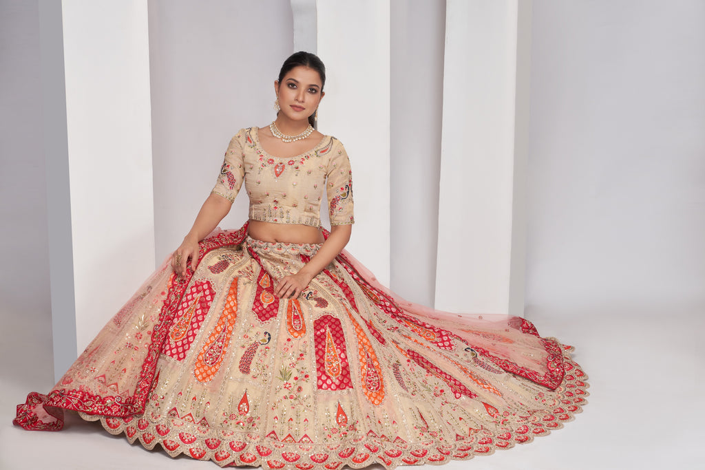 Ivory Color Peacock Designer Banarasi Silk Lehenga Choli Set
