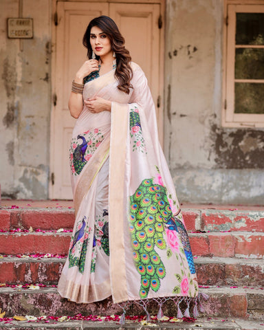 Pure Silk Digitally Printed Saree Weaved With Golden Zari Comes With Tassels