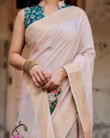 Pure Silk Digitally Printed Saree Weaved With Golden Zari Comes With Tassels