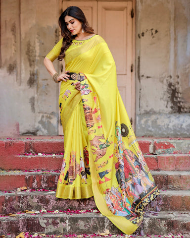 Pure Silk Digitally Printed Saree Weaved With Golden Zari Comes With Tassels