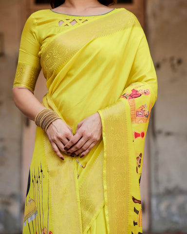 Pure Silk Digitally Printed Saree Weaved With Golden Zari Comes With Tassels