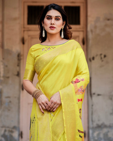 Pure Silk Digitally Printed Saree Weaved With Golden Zari Comes With Tassels