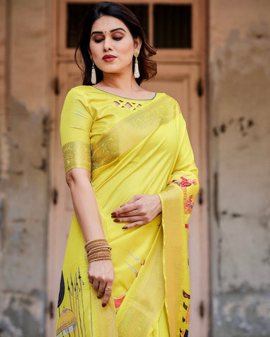 Pure Silk Digitally Printed Saree Weaved With Golden Zari Comes With Tassels