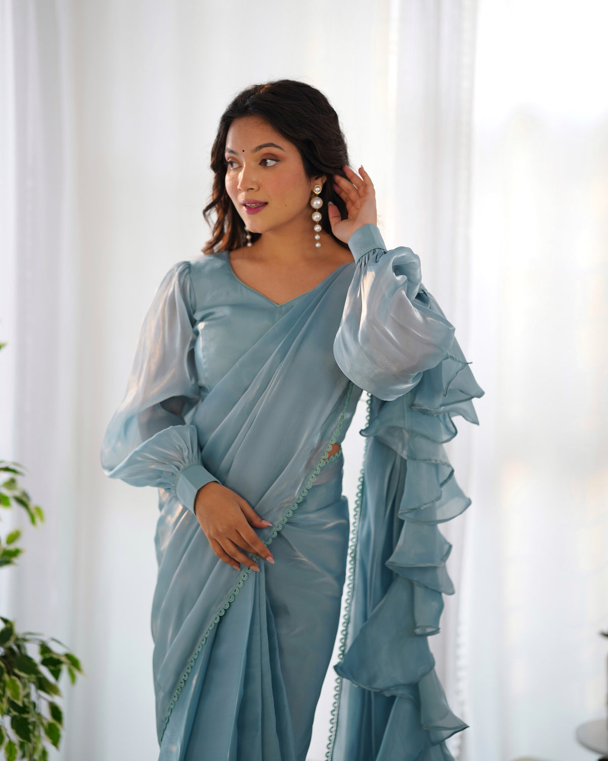 Ready To Wear Pre drapped Ready ToWear Saree With Fully Stitched Blouse Jimmy Choo Fabric - Sky
