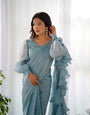 Ready To Wear Pre drapped Ready ToWear Saree With Fully Stitched Blouse Jimmy Choo Fabric - Sky