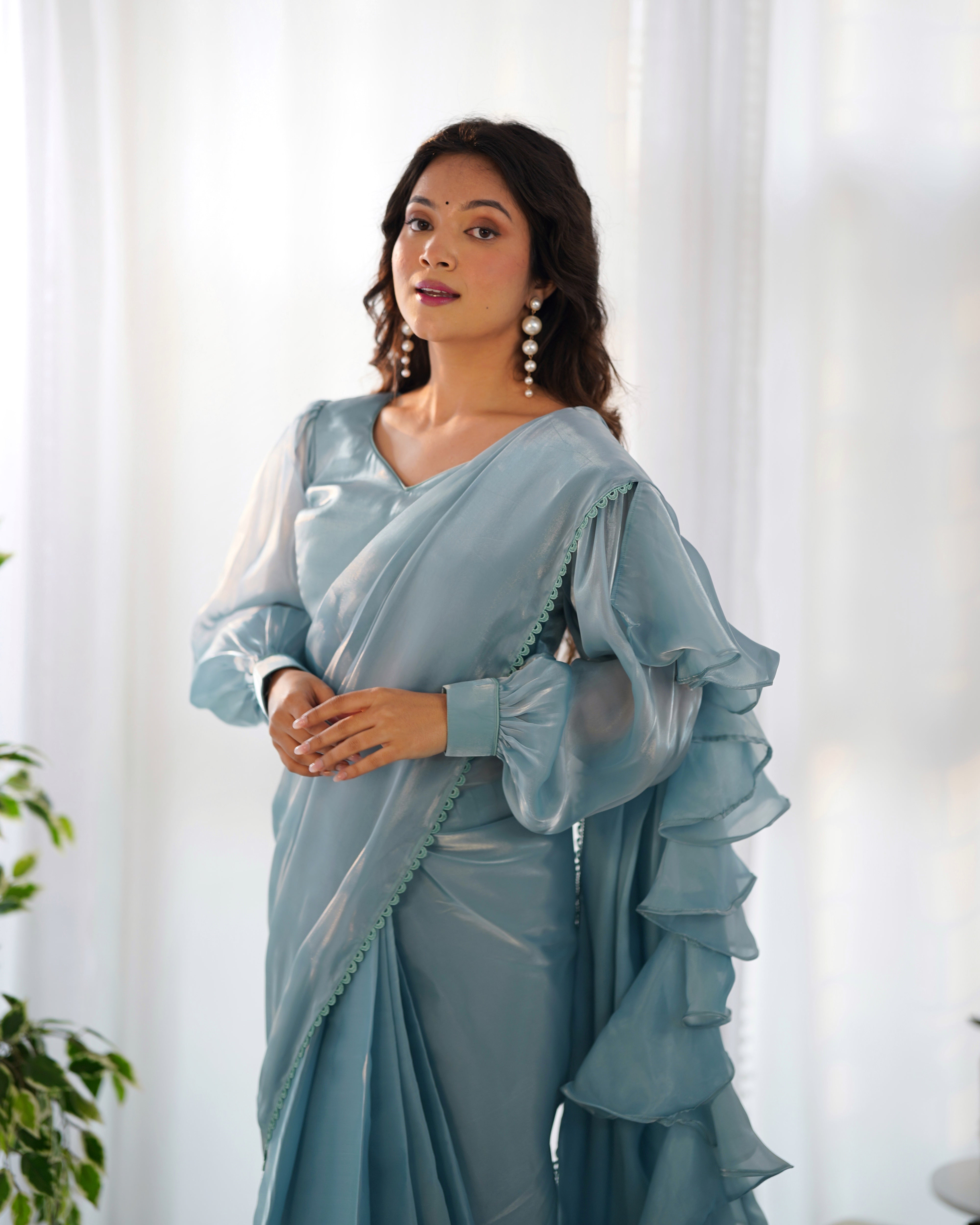 Ready To Wear Pre drapped Ready ToWear Saree With Fully Stitched Blouse Jimmy Choo Fabric - Sky
