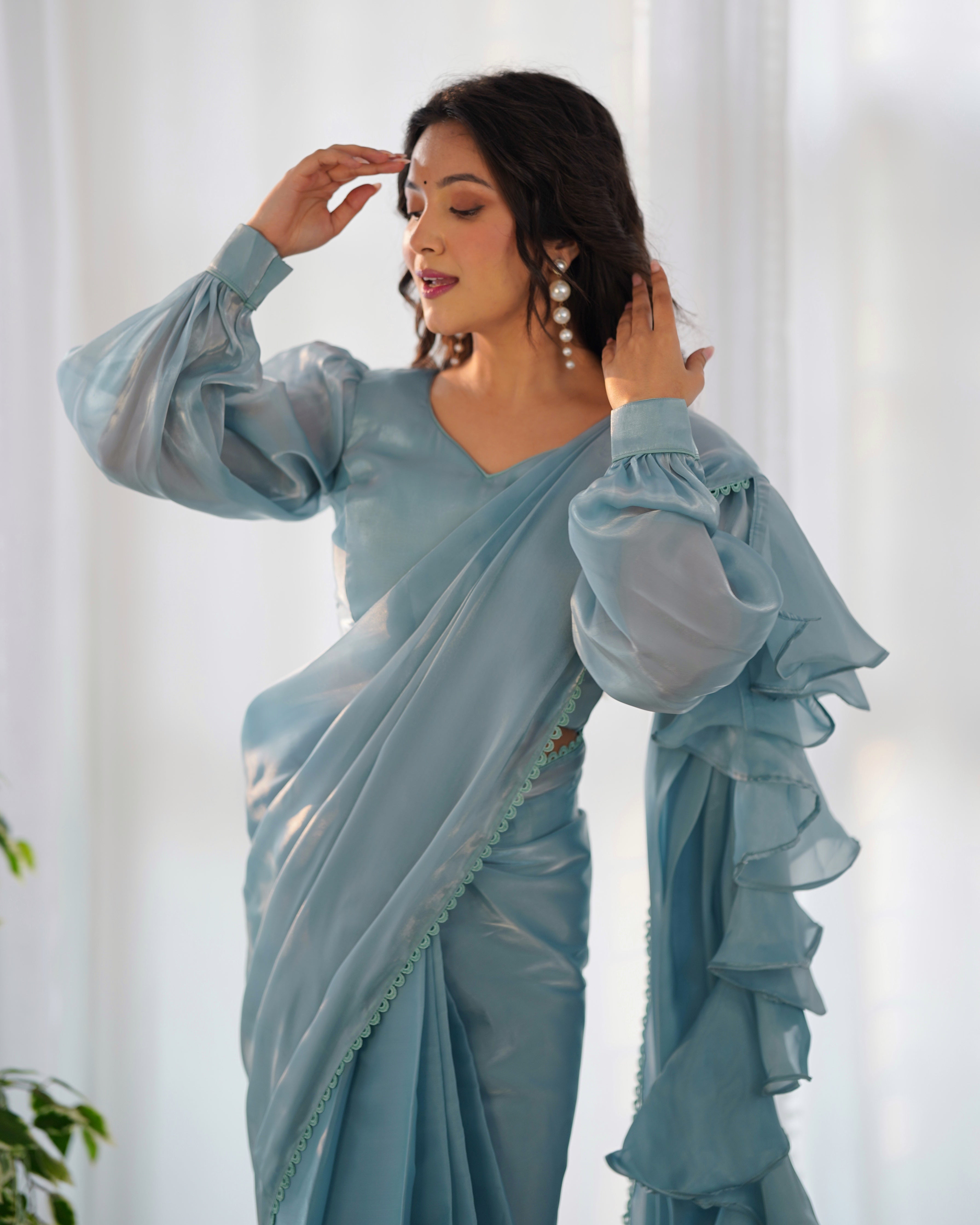 Ready To Wear Pre drapped Ready ToWear Saree With Fully Stitched Blouse Jimmy Choo Fabric - Sky
