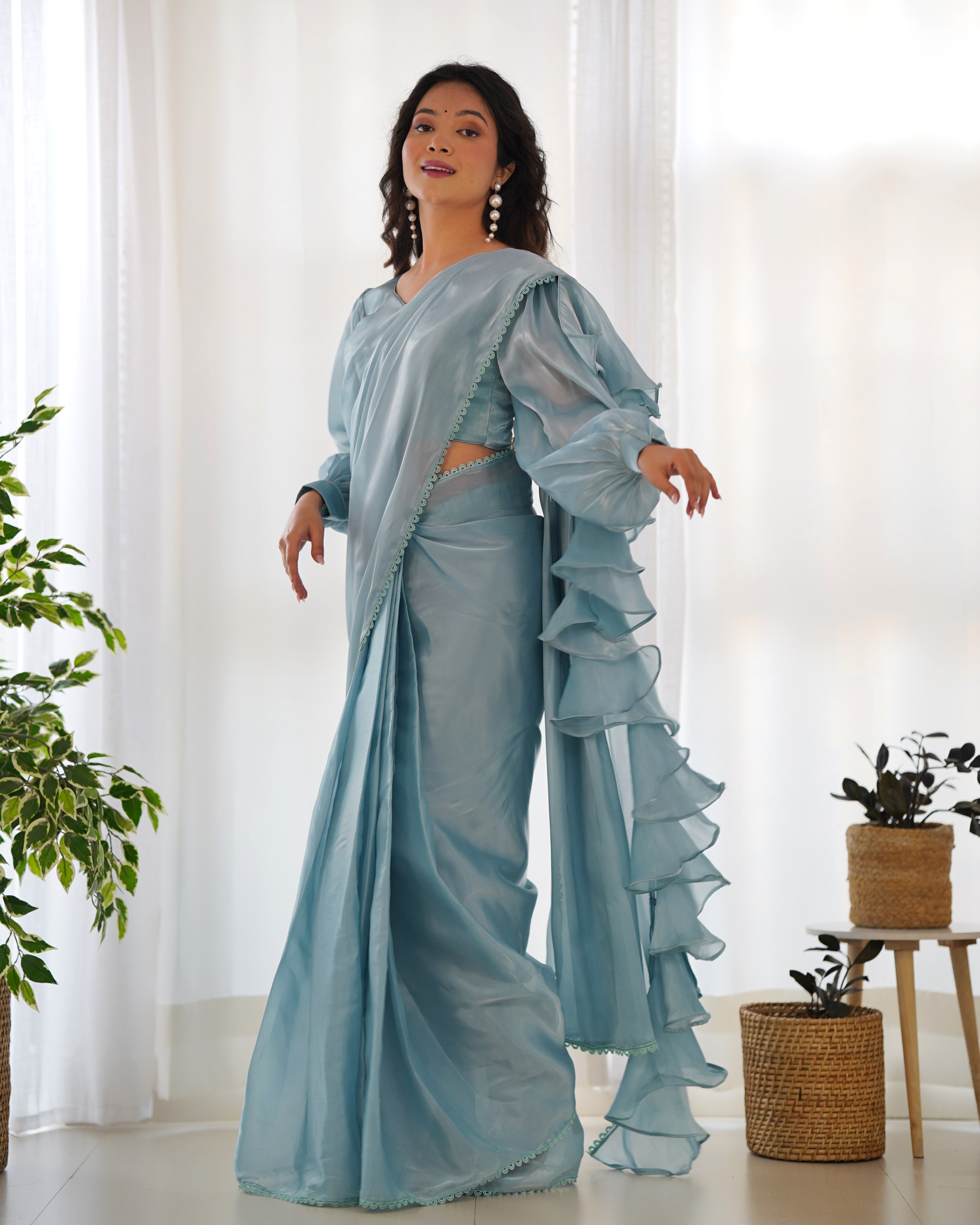 Ready To Wear Pre drapped Ready ToWear Saree With Fully Stitched Blouse Jimmy Choo Fabric - Sky
