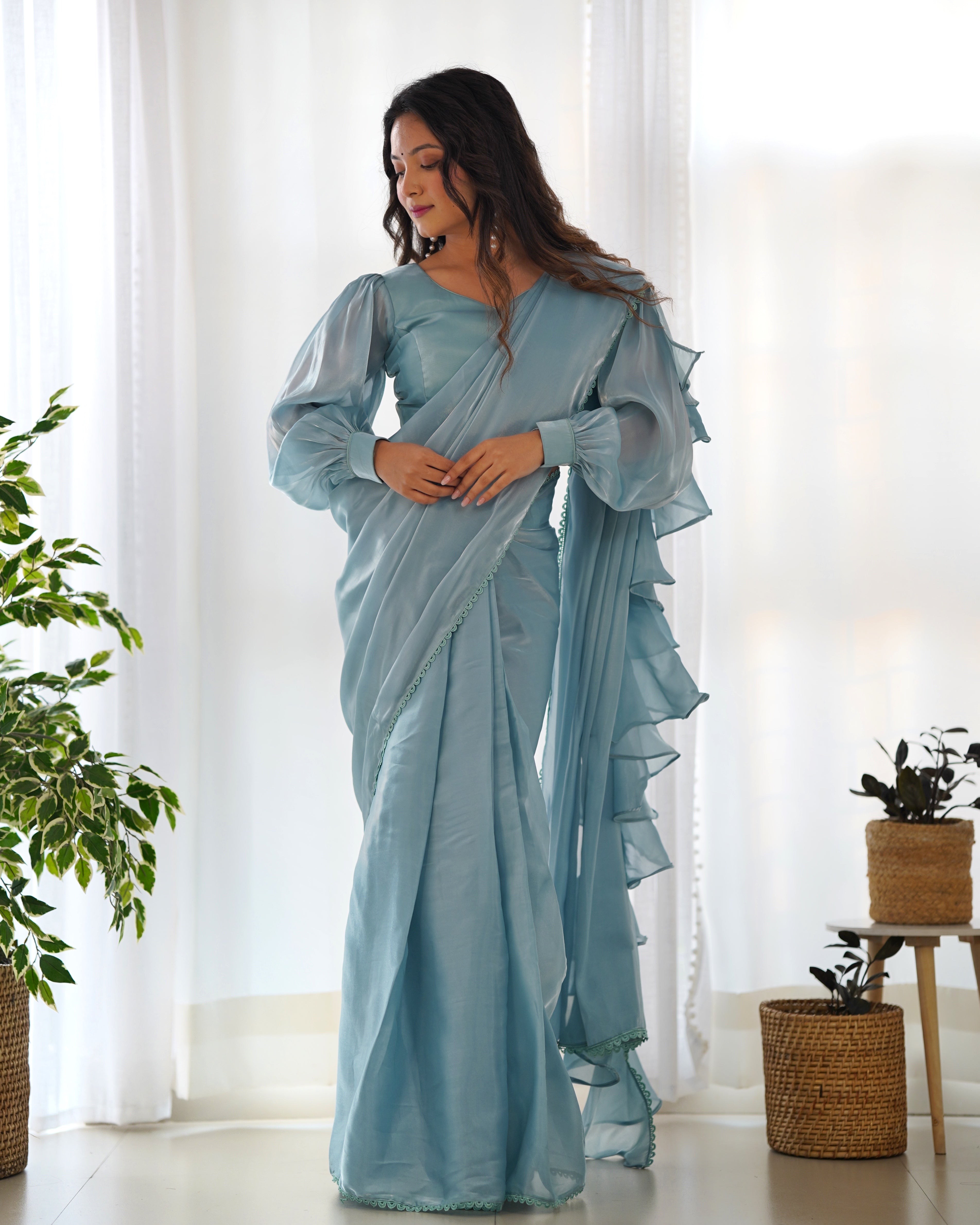 Ready To Wear Pre drapped Ready ToWear Saree With Fully Stitched Blouse Jimmy Choo Fabric - Sky
