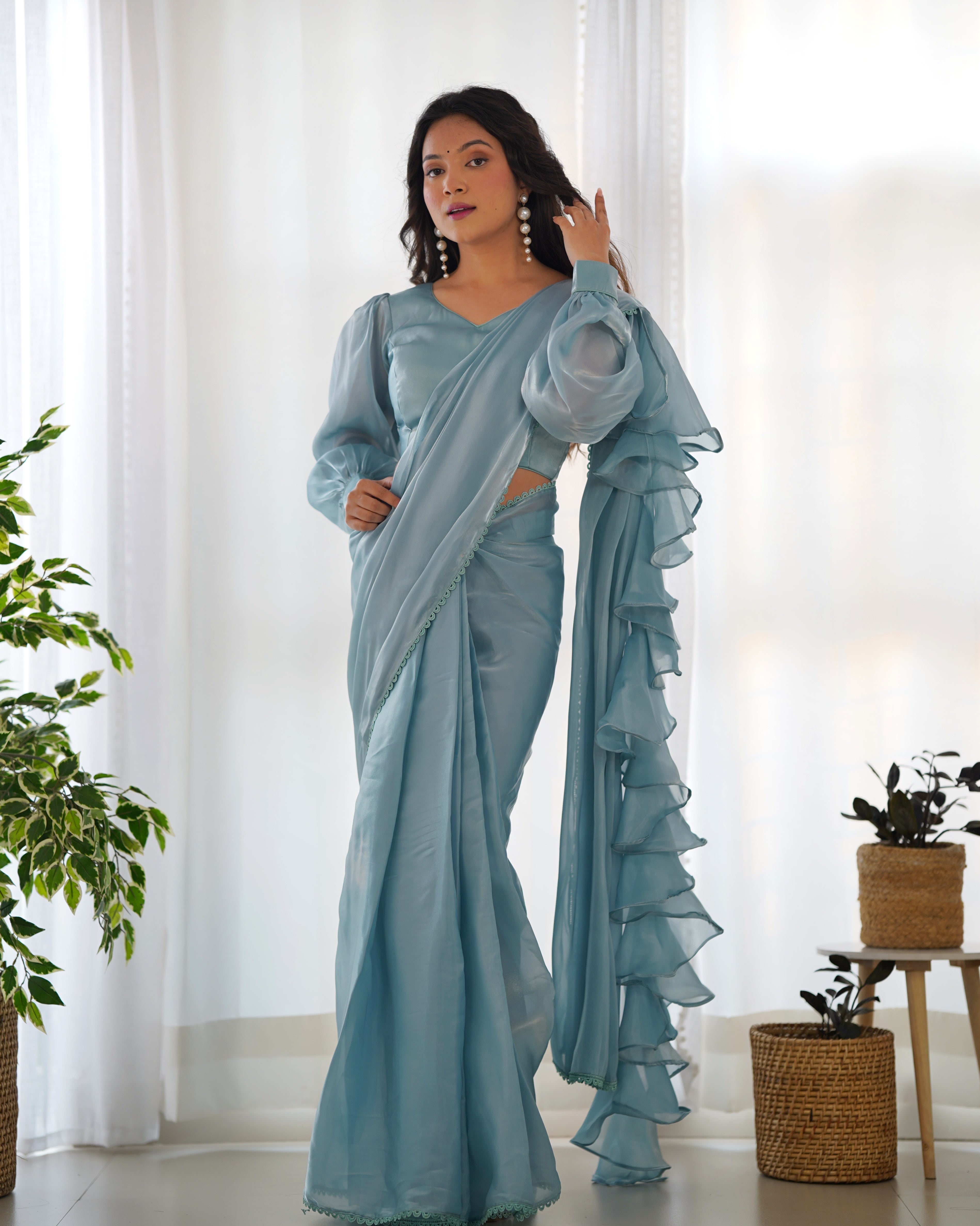 Ready To Wear Pre drapped Ready ToWear Saree With Fully Stitched Blouse Jimmy Choo Fabric - Sky
