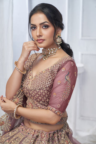 Royal Onion Soft Net Lehenga with Peacock & Paisley Embroidery