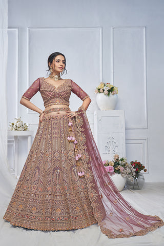 Royal Onion Soft Net Lehenga with Peacock & Paisley Embroidery