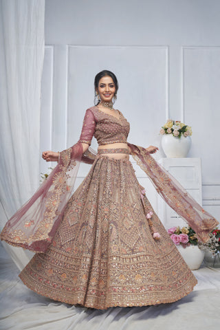 Royal Onion Soft Net Lehenga with Peacock & Paisley Embroidery