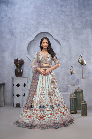Sky Blue Zari Embroidered Lehenga with Peacock Motifs