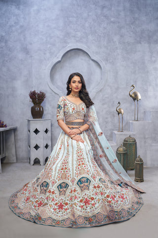Sky Blue Zari Embroidered Lehenga with Peacock Motifs