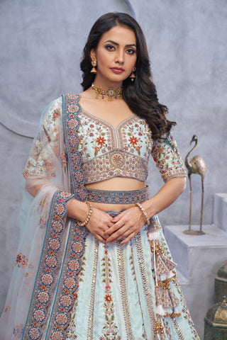 Sky Blue Zari Embroidered Lehenga with Peacock Motifs