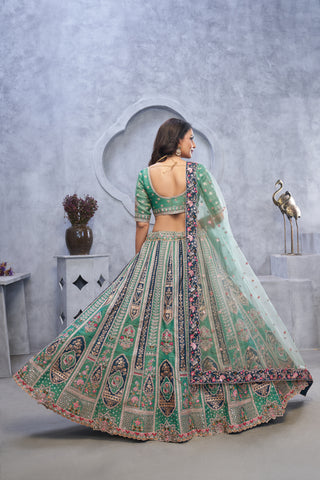 Green Banarasi Silk Temple Motif Bridal Lehenga Choli with Soft Net Dupatta