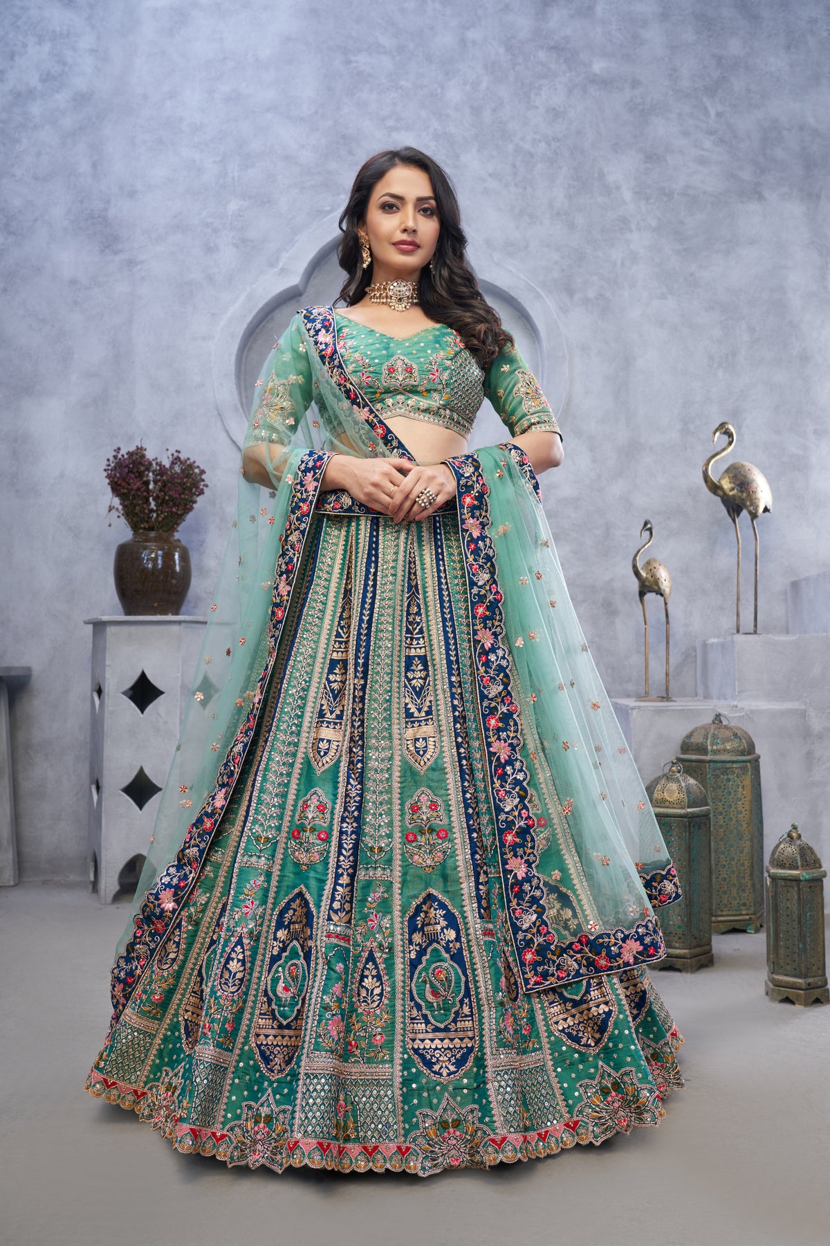 Green Banarasi Silk Temple Motif Bridal Lehenga Choli with Soft Net Dupatta