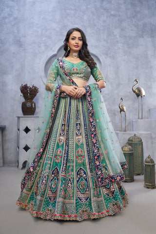 Green Banarasi Silk Temple Motif Bridal Lehenga Choli with Soft Net Dupatta
