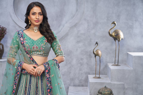 Green Banarasi Silk Temple Motif Bridal Lehenga Choli with Soft Net Dupatta