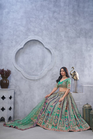 Green Banarasi Silk Temple Motif Bridal Lehenga Choli with Soft Net Dupatta