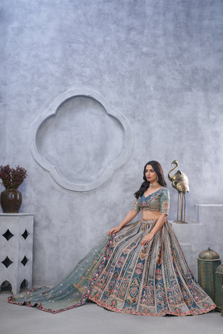 Grey Banarasi Silk Bridal Lehenga Set with Soft Net Dupatta