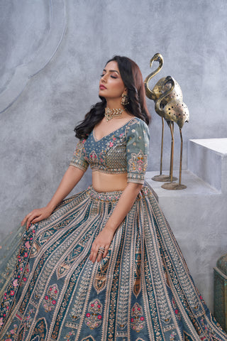 Grey Banarasi Silk Bridal Lehenga Set with Soft Net Dupatta