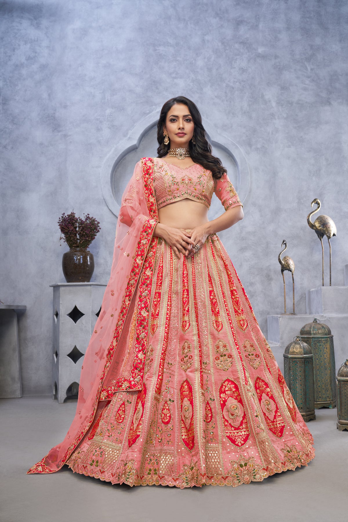 Pink Banarasi Silk Bridal Lehenga Choli with Soft Net Dupatta