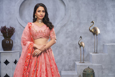 Pink Banarasi Silk Bridal Lehenga Choli with Soft Net Dupatta