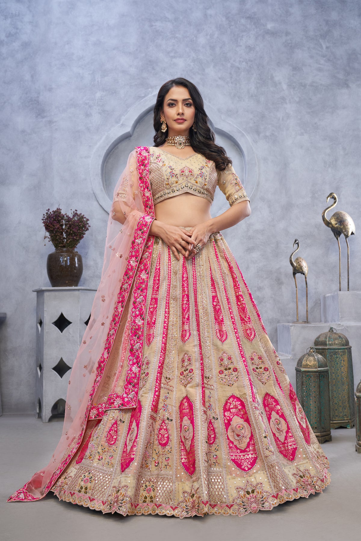 Chiku Banarasi Silk Embroidered Bridal Lehenga Set with Soft Net Dupatta