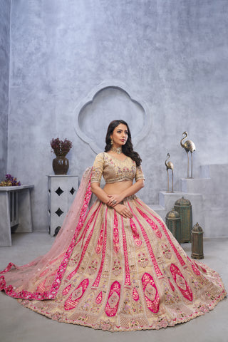 Chiku Banarasi Silk Embroidered Bridal Lehenga Set with Soft Net Dupatta