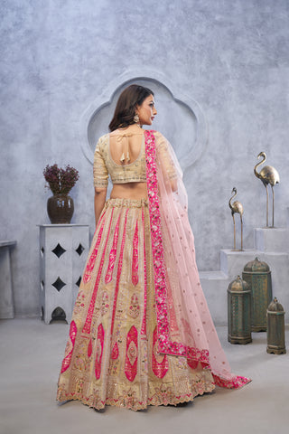 Chiku Banarasi Silk Embroidered Bridal Lehenga Set with Soft Net Dupatta