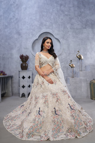 Premium Ivory Peacock & Bagh Embroidered Net Lehenga Set