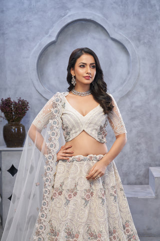 Premium Ivory Peacock & Bagh Embroidered Net Lehenga Set