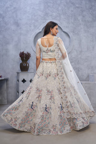 Premium Ivory Peacock & Bagh Embroidered Net Lehenga Set