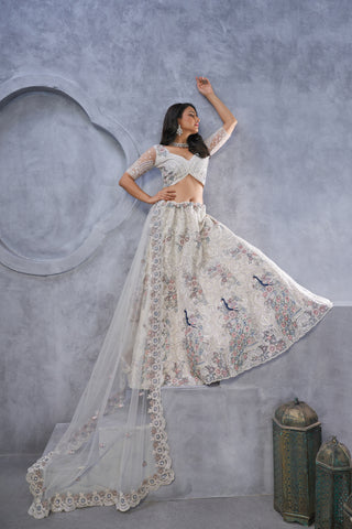 Premium Ivory Peacock & Bagh Embroidered Net Lehenga Set