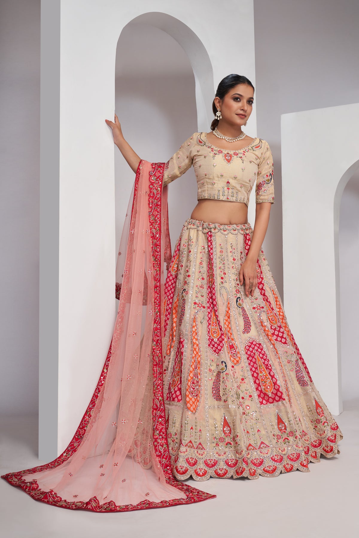 Ivory Color Peacock Designer Banarasi Silk Lehenga Choli Set