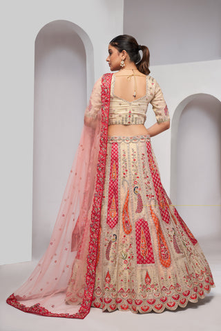 Ivory Color Peacock Designer Banarasi Silk Lehenga Choli Set