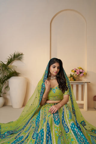 Green Color Peacock Designer Banarasi Silk Lehenga Choli Set