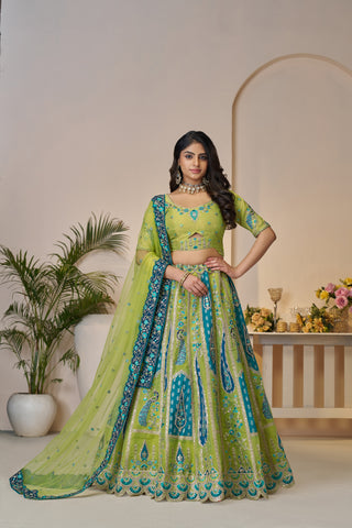 Green Color Peacock Designer Banarasi Silk Lehenga Choli Set