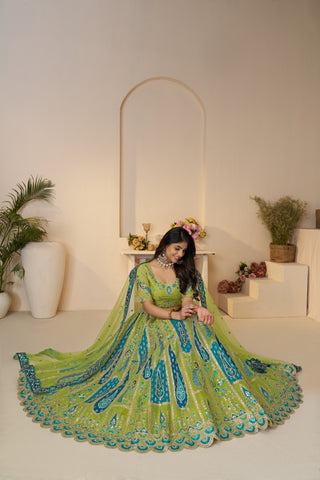 Green Color Peacock Designer Banarasi Silk Lehenga Choli Set